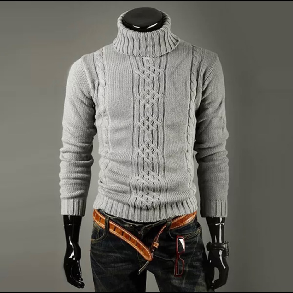 Mens Knitted Polo Roll Turtle Neck Pullover Sweater **Slim Fit**